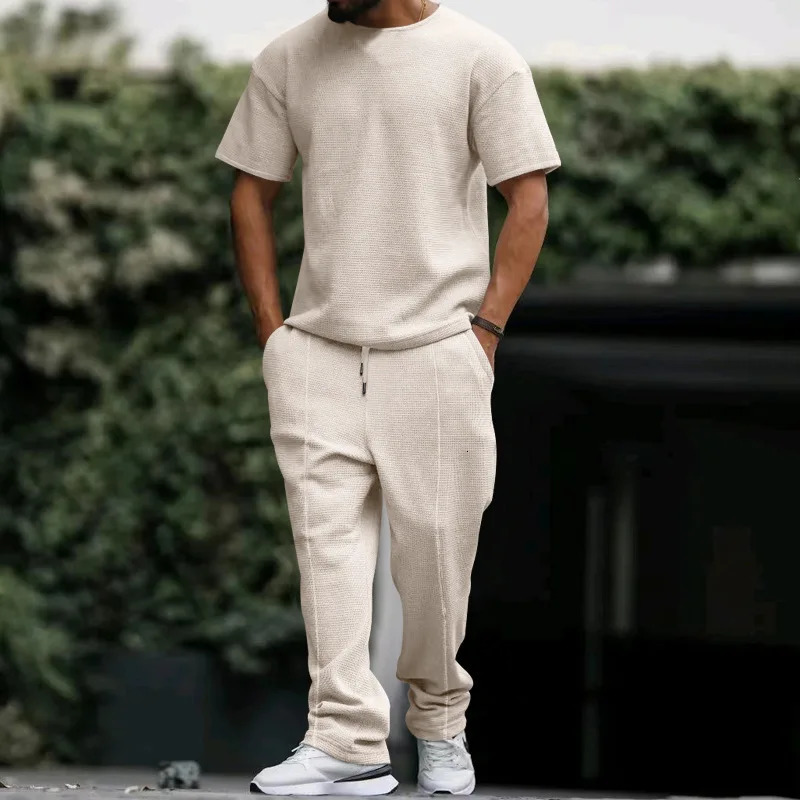 European and American Mens Short Sleeved Long Pants Set Heavyweight Waffle Oversize Round Neck Casual Set 240530