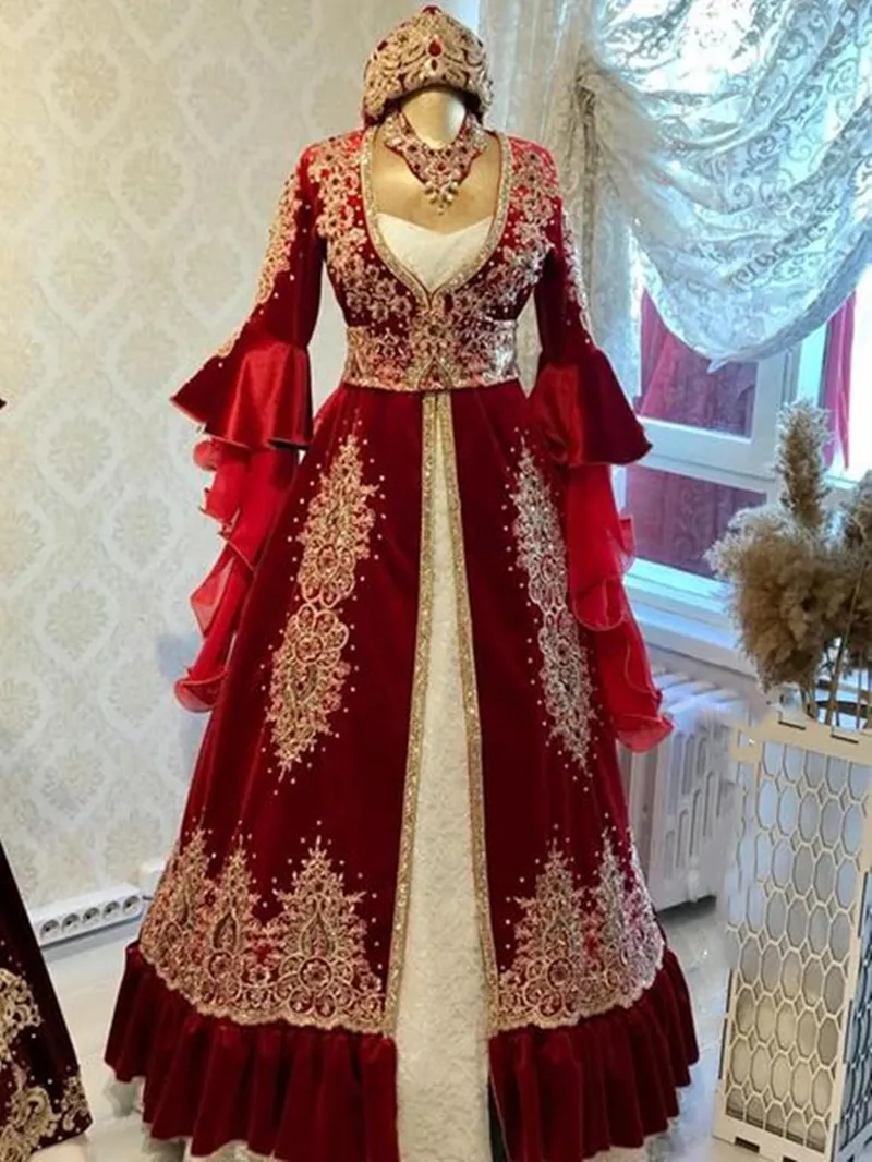 Turkish Velvet Evening Dresses with Long Sleeve Jacket Gold Applique Arabic Caftan Marocain Muslim Prom Gowns robe de soiree de mariage