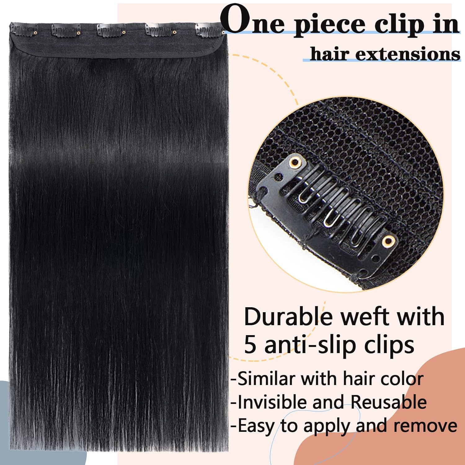 Straight One Piece Clip in Hair Extensions Brazilian Human Hair One Piece 5 Clips Double Weft Natural Black Color 100 grams
