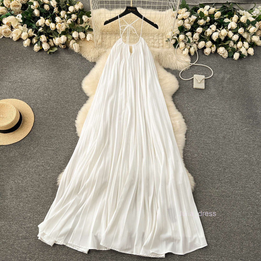 White Moonlight Qianjin Wind Dress for Womens Tourism and Vacation Wearing Photography Beach Skirt French Hanging Neck Open Back Fairy Skirt