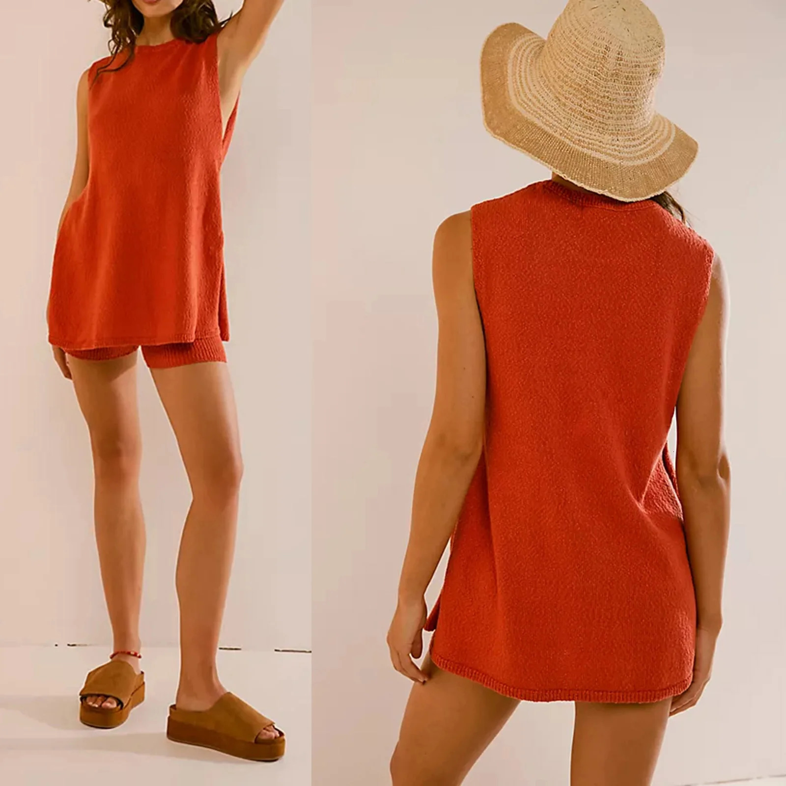 Combhasaki Womens Knitted Set Sleeveless Crew Neck High Slit Pullover Tank Tops with Elastic Waist Skinny Shorts Summer Outfits 240531