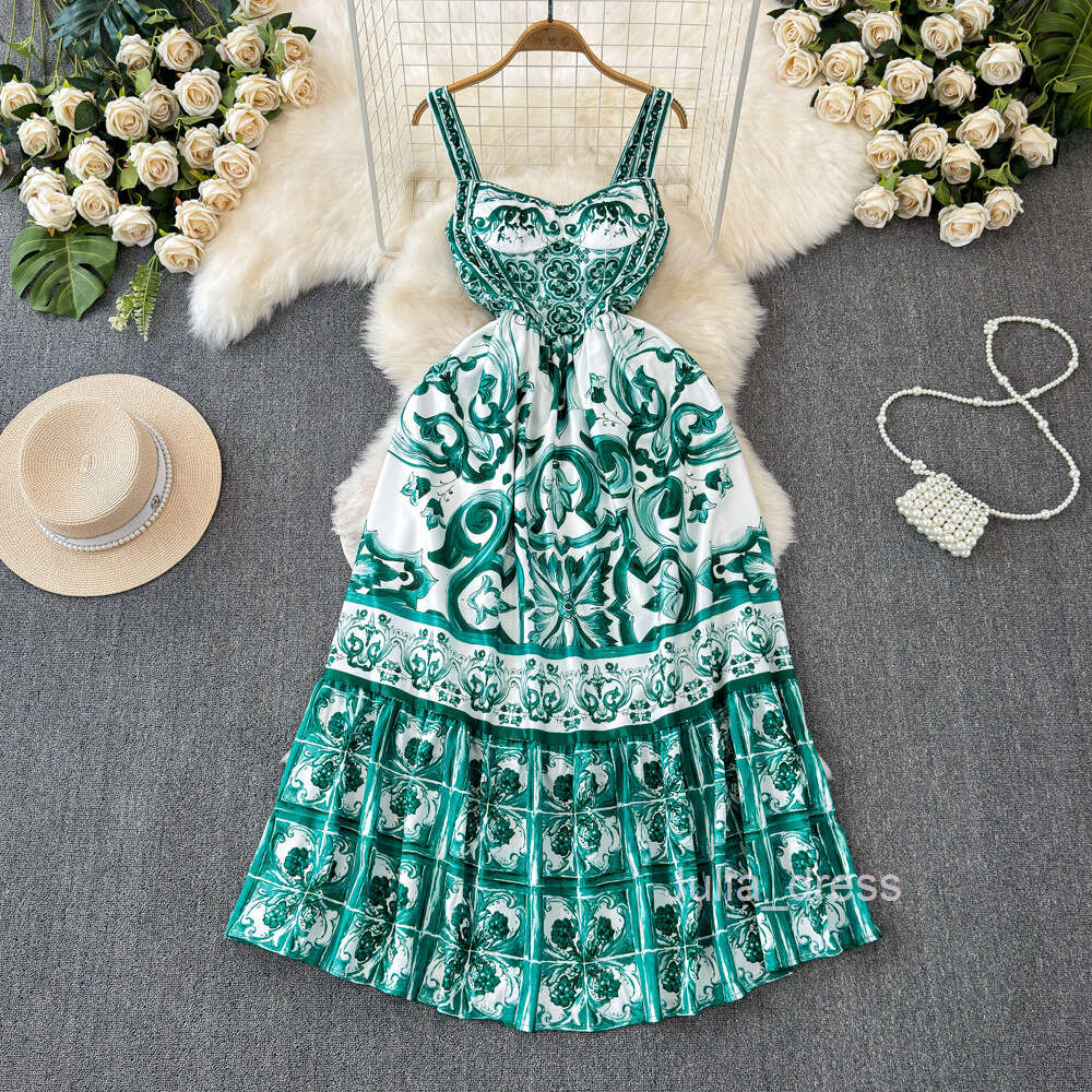 Ethnic style waistband slimming and elegant camisole dress for womens summer haute couture high-end printed stunning A-line long skirt