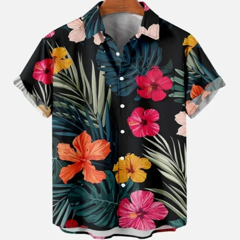 Summer Mens Leaves Elegant Floral Social Hawaiian Short Sleeve Oversized Casual Shirt Printing Vacation Style Harajuku Camisa 240529