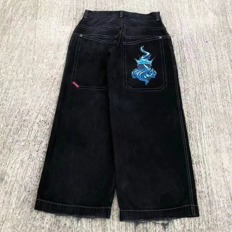 Vintage Graphic Print Baggy Jeans Y2k Streetwear Black Denim Pants Hip Hop Wide Leg Trouser Casual Loose High Waist Pant For Men 240521