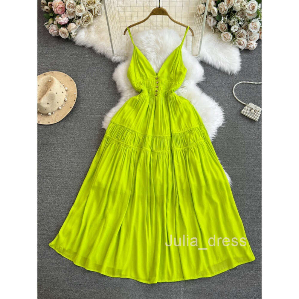 High end and socialite temperament V-neck backless waist cinched slimming A-line suspender dress seaside vacation big hem long skirt