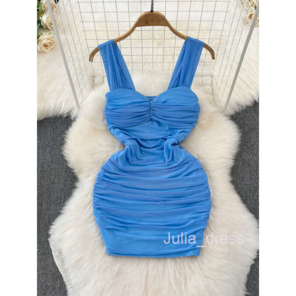 French temperament socialite sexy mesh suspender dress womens summer pleated waist slimming effect buttocks wrapped short skirt