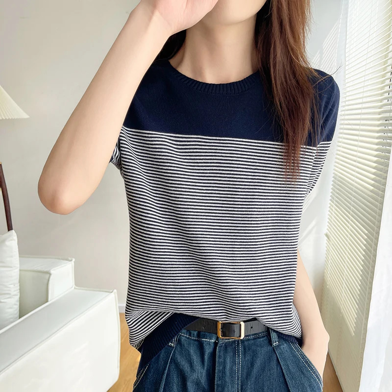 Womens TShirt Summer 100% Cotton Sweater Short Sleeve Striped Knitted Round Neck Ladies Tops Loose Blouse Pullover Tees 240524
