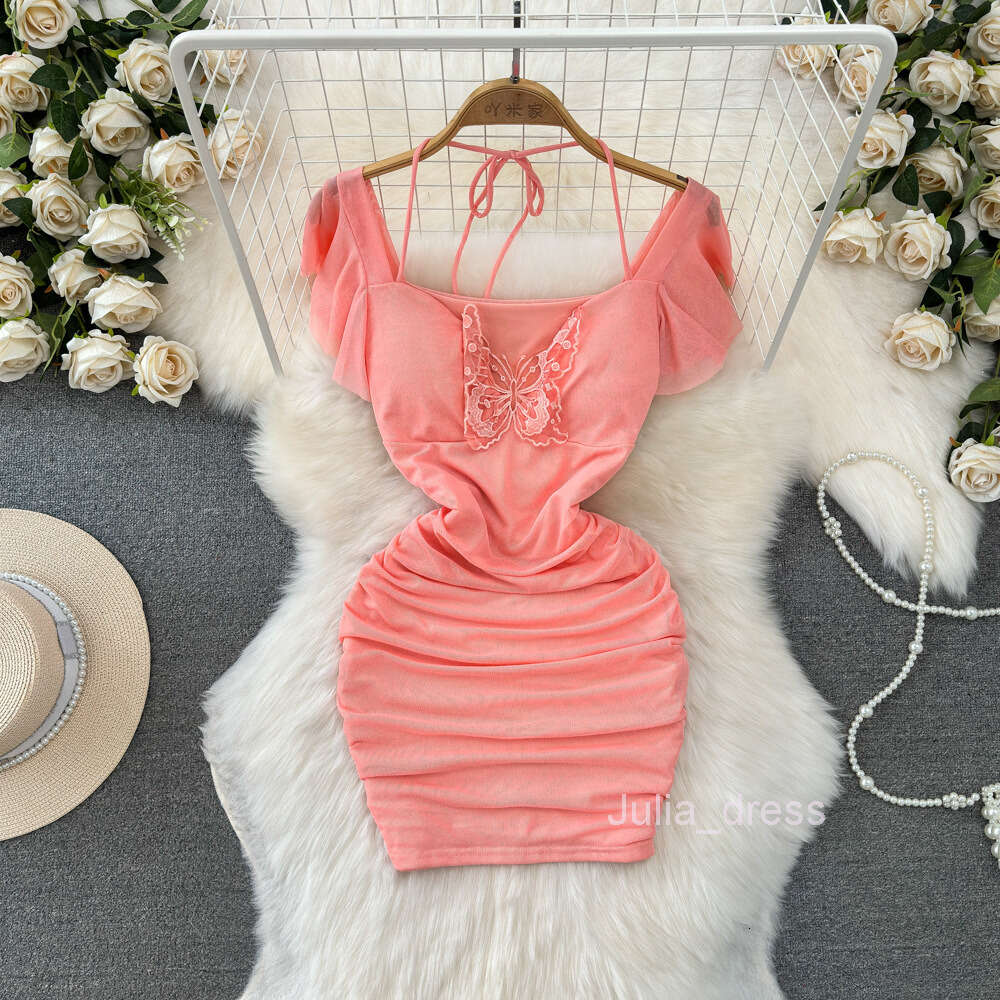 2023 Summer Fashion Pure Desire Sexy Bra Hanging Neck Bow Hollow Waist Slimming Mesh Wrap Hip Dress