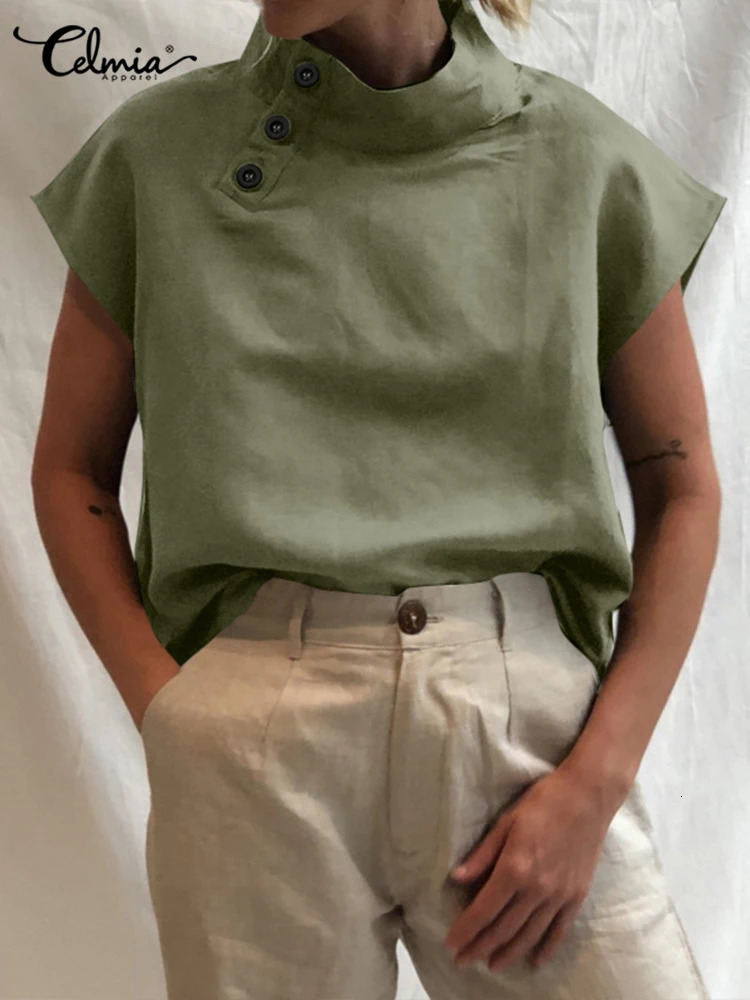 Celmia Fashion Women Blouses Summer Cotton Linen Blusas Mujer Stylish White Shirt Elegant Short Sleeve Tunics Lightweight 240531