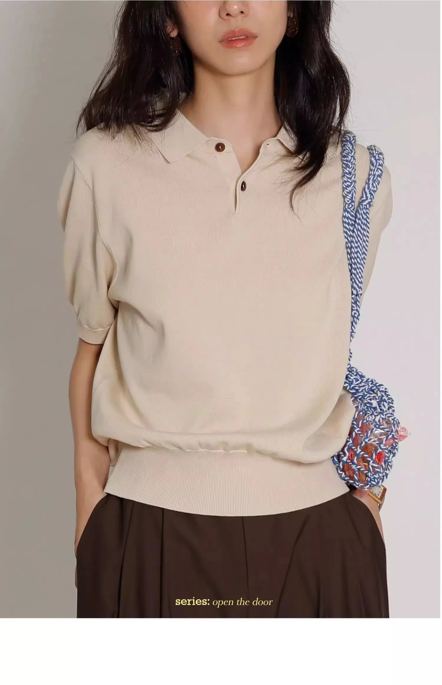 Blue ice silk knitted polo shirt shoulder short sleeve Tshirt womens summer thin French highgrade lapel top 240531