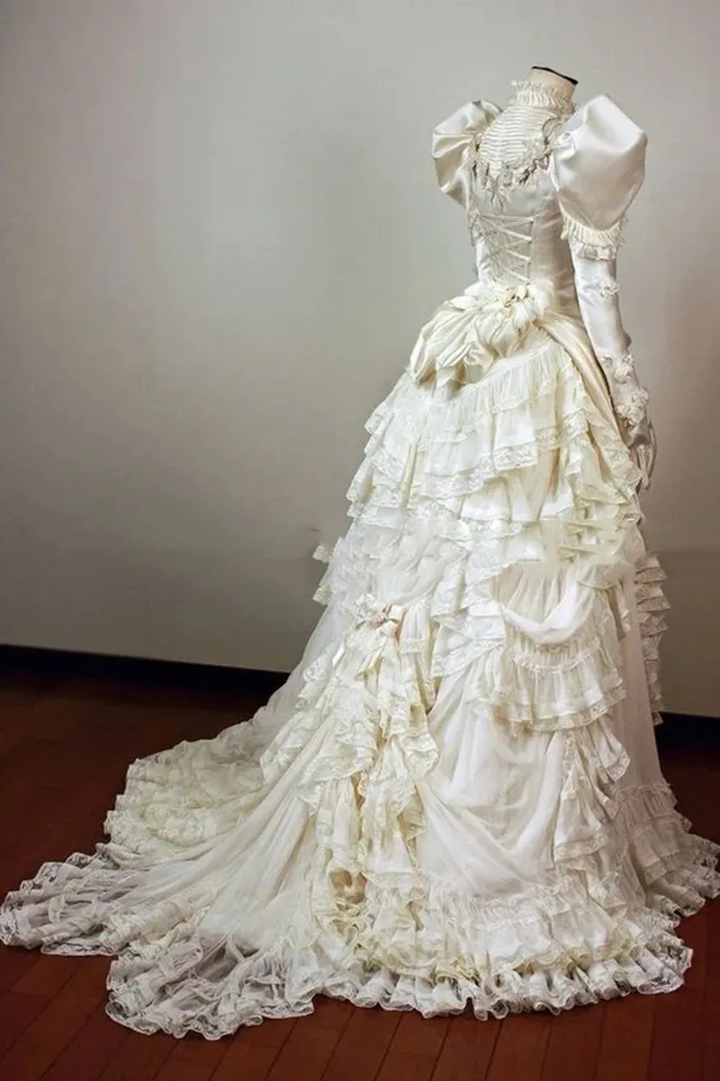 Victorian Wedding Dresses With Puffy Sleeves High Neck Historical Medieval Bridal Gowns Tiered Lace Ruched corset Masquerade dress