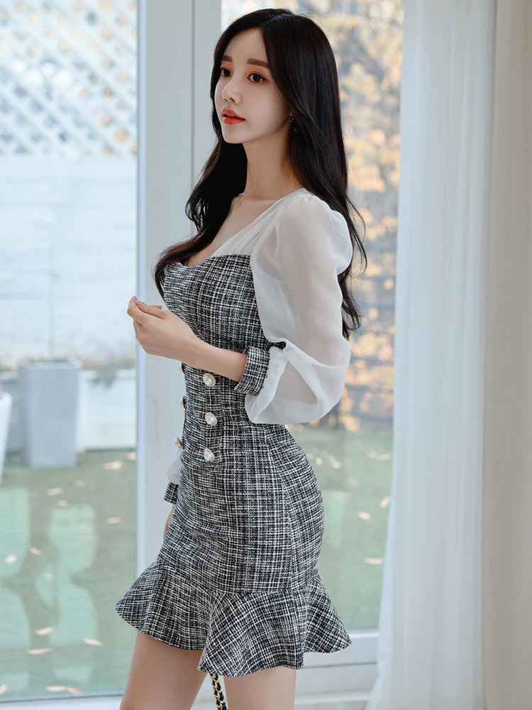 Korean Elegant Office Dress Women Casual Square Collar Chiffon Stitching Tweed Mini Sweet Mermaid Slim Female Vestido Streetwear 240529