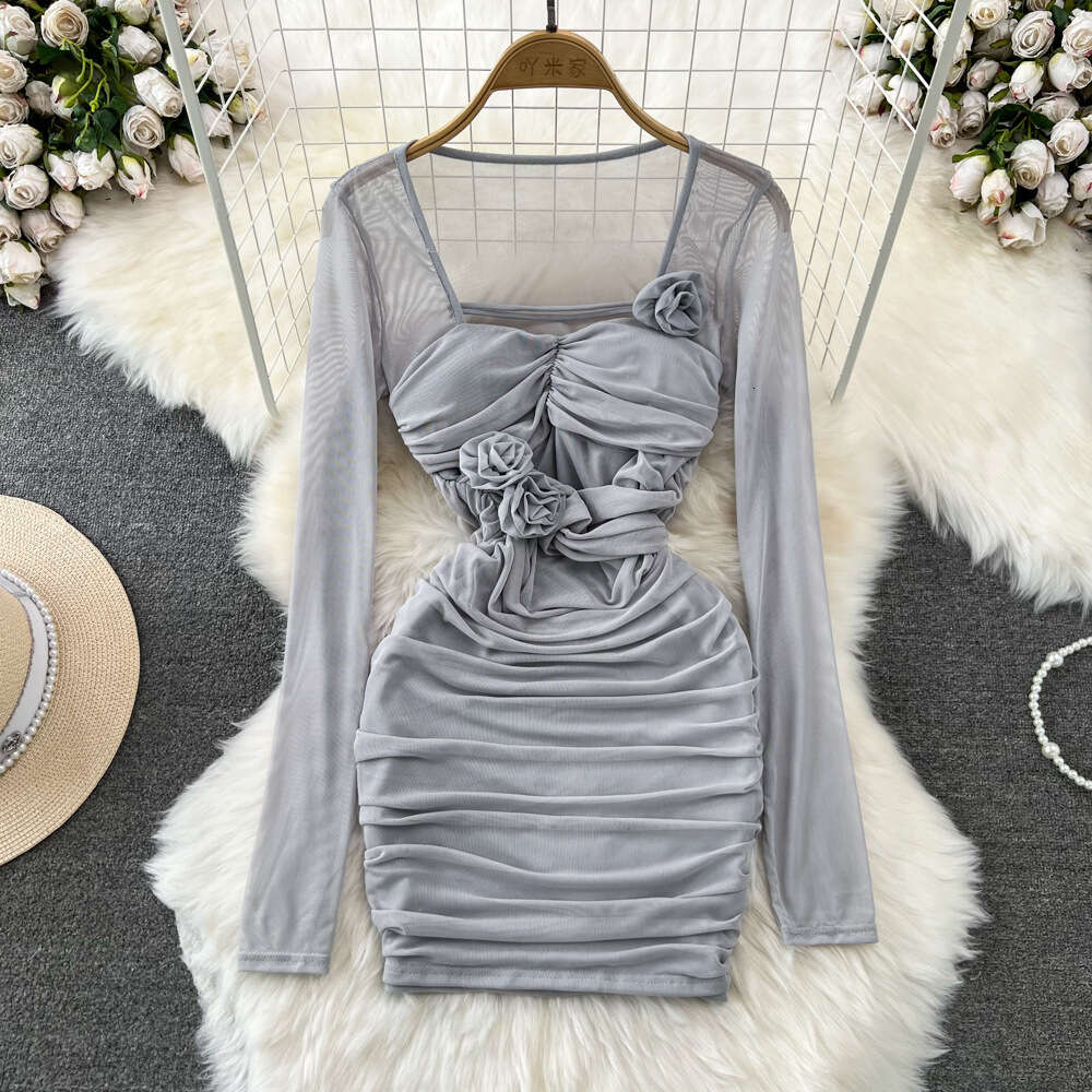 Spring and Autumn Pure Lust Spicy Girl Sexy Long Sleeve Square Neck Waist Shrinking Mesh Perspective 3D Flower Wrap Hip Dress