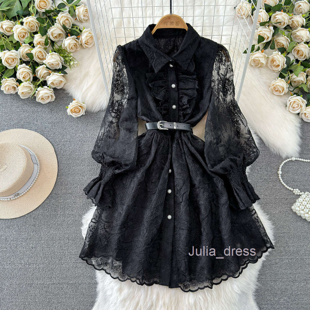 High end light luxury socialite temperament lantern long sleeved lapel waistband slimming effect single breasted A-line embroidered dress for women