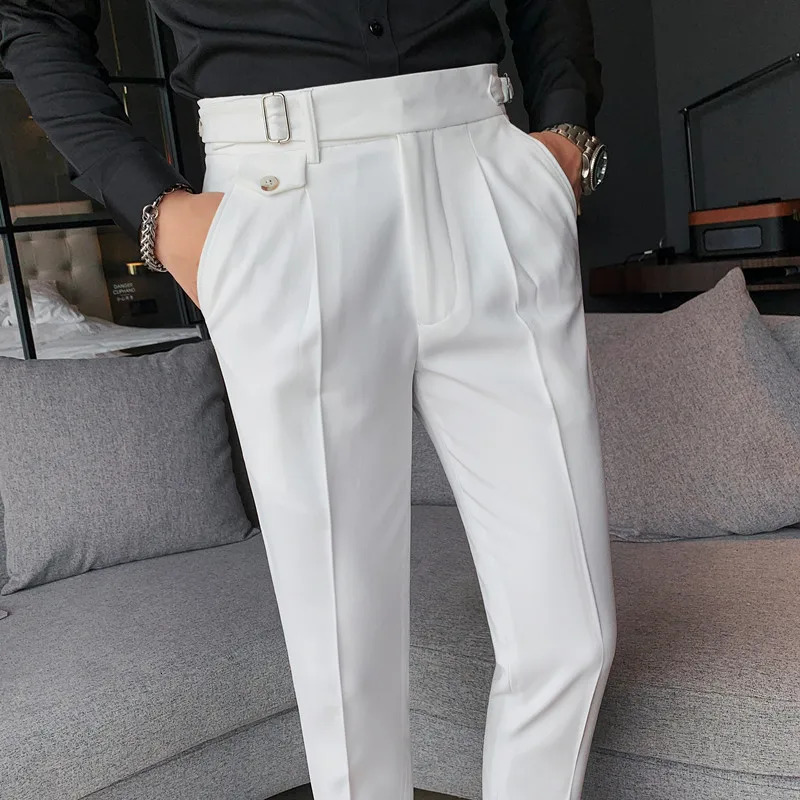 British Style Solid High Waist Suit Pant Men Business Formal Wear Trousers High Quality Slim Casual Office Suit Pants 240521