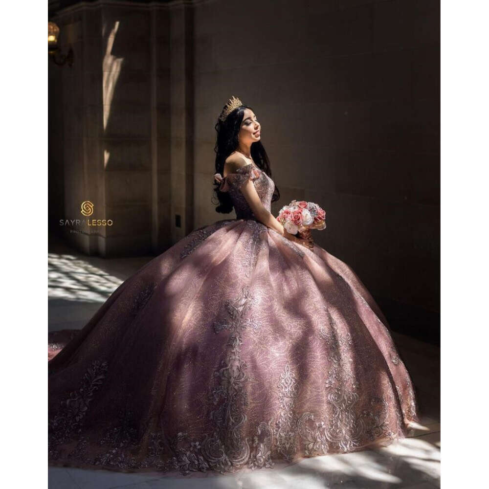 2024 Rose Gold Quinceanera Dress | Off-Shoulder Glitter Sweet 15 Evening Gown