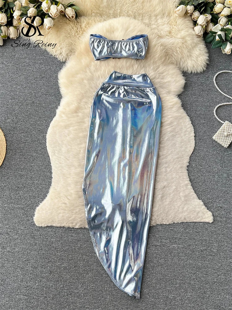 SINGREINY Women Summer Beach Sets Strapless Sexy BraIrregular Slim Split Skirt Set Shiny PU Leather Two Pieces suits 240531