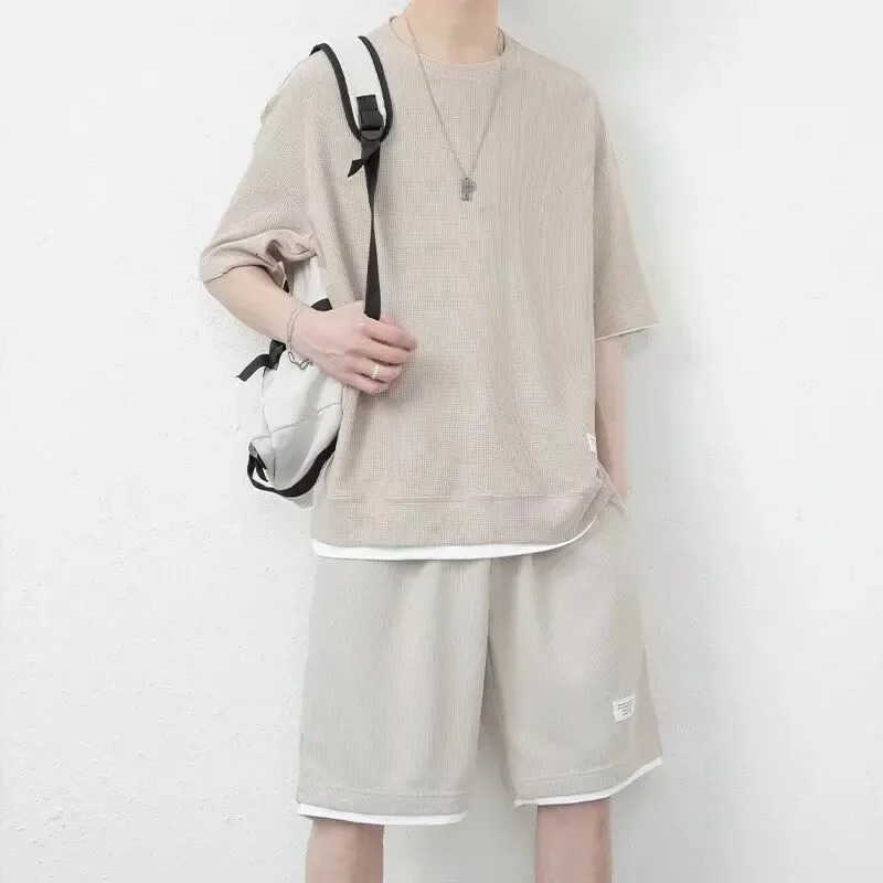 Men Summer Casual Sportswear Set Ice Silk Short Sleeve Tshirt Sporty Shorts One Piece Trendy Matching 240531