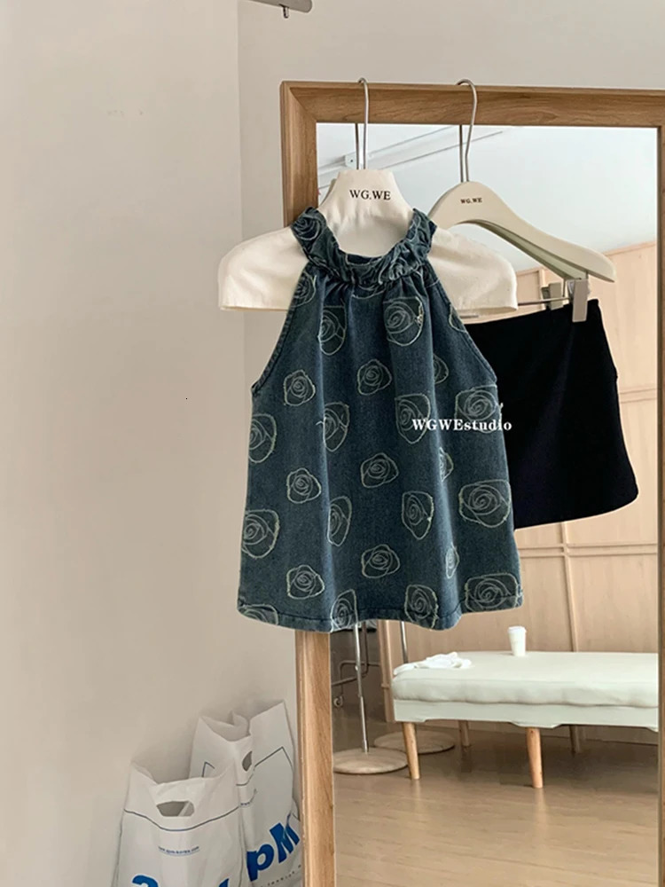 Summer Women Kpop Denim Tank Top 2000s Aesthetic Sleeveless Halter Coquette Gyaru Cute Core Korean Grunge Japanese Y2k Retro 240531