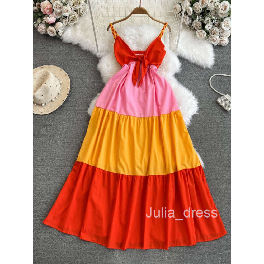 Bohemian color matching camisole dress Thai seaside vacation beach skirt Sanya travel photo long skirt