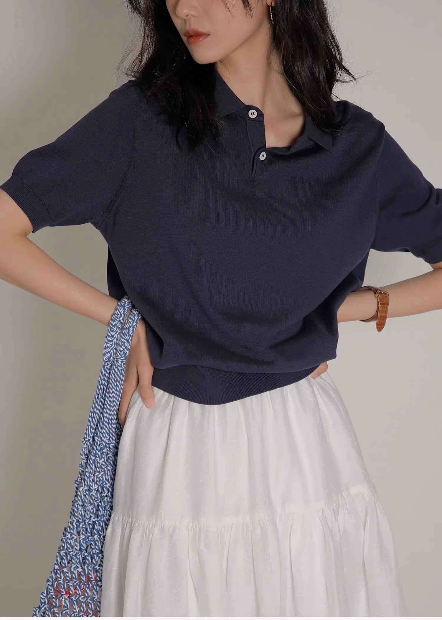 Blue ice silk knitted polo shirt shoulder short sleeve Tshirt womens summer thin French highgrade lapel top 240531