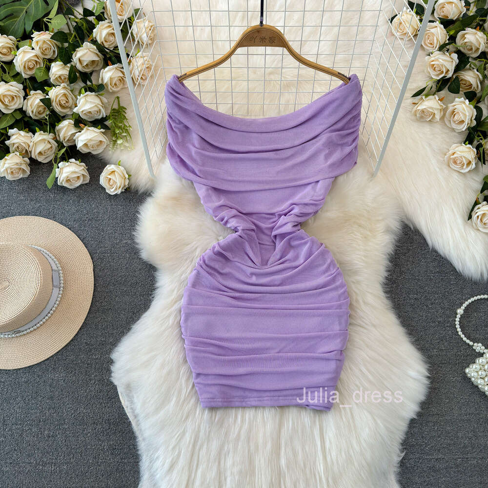 Summer Fashion Celebrity Elegance One Shoulder Off Shoulder Folded Waist Slim Wrapped Hip Mesh Bottom Dress