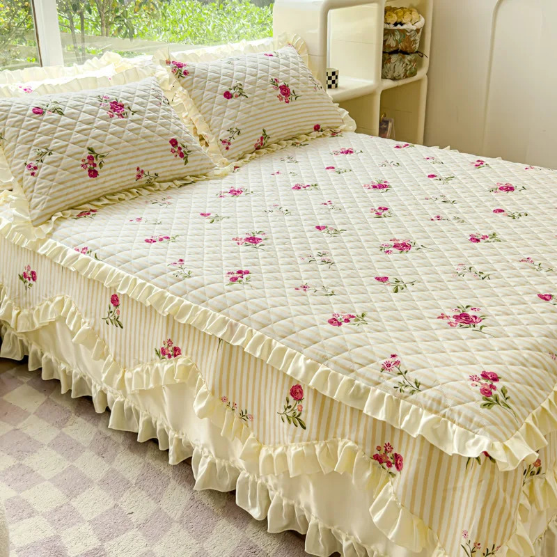 100% Cotton Thicken Quilted Bedspread King Queen Size Princess Lace Bed Skirt Pure Cotton Bed Cover Not Including Pillowcase 240530