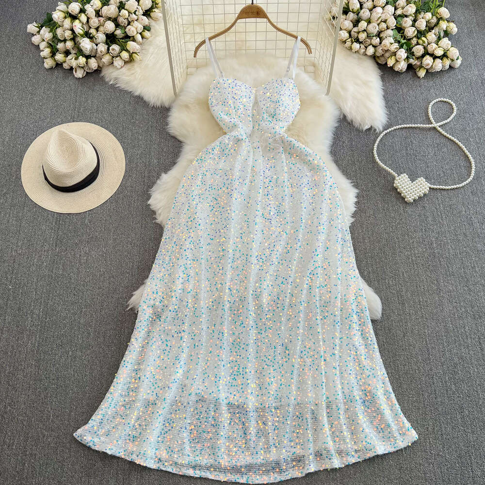 Evening gown sequin suspender long dress for senior sisters annual meeting sexy and high-end feeling strapless waist slimming A-line dress