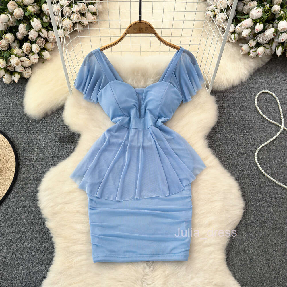 Summer Fashion Celebrity Style Lotus Leaf Sleeves Square Neck Waist Slim Wrap Hip Ruffle Edge Mesh Bottom Dress for Women