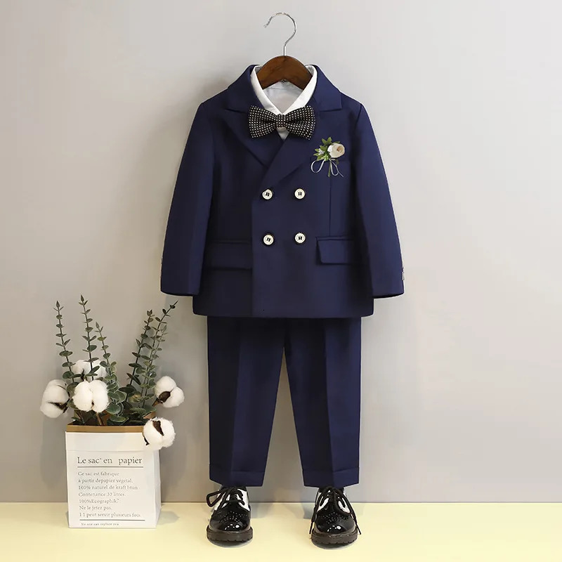 Suit for Boys Fashion Double Breasted Black Flower Child Wedding Performance Outfits 4 6 8 10 Y Kids School Uniform Blazers Set 240531