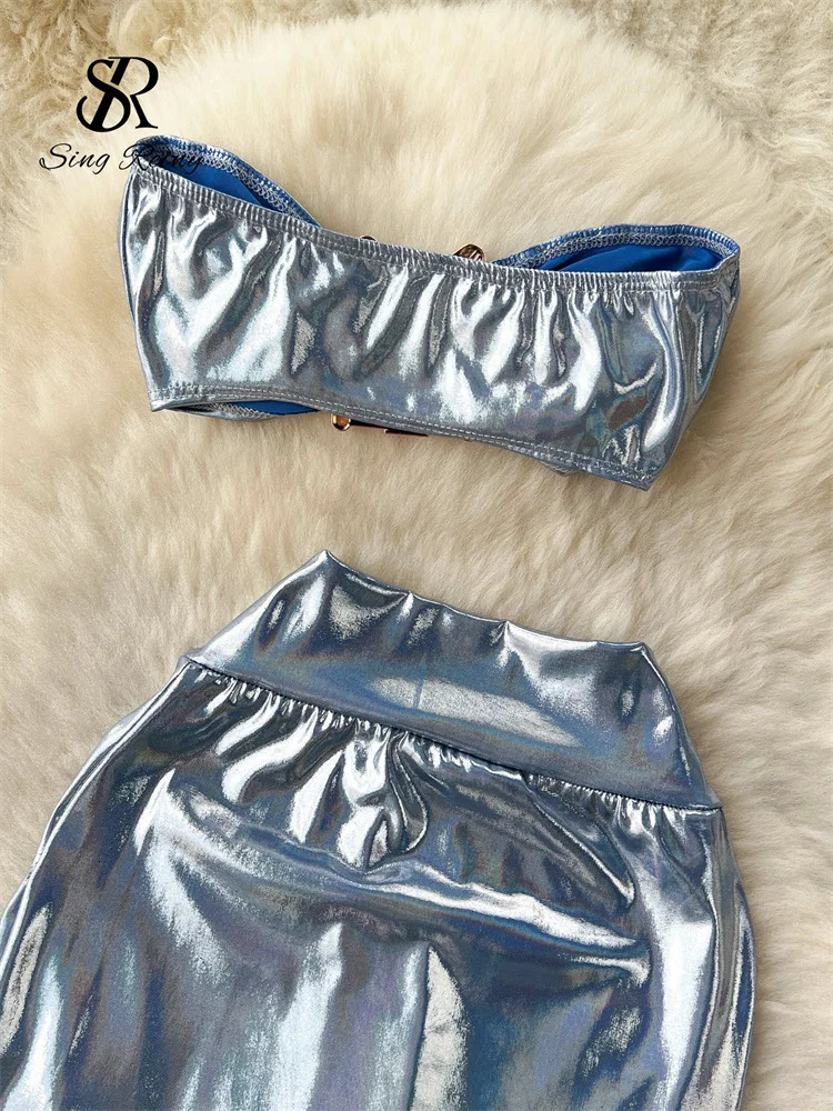 SINGREINY Women Summer Beach Sets Strapless Sexy BraIrregular Slim Split Skirt Set Shiny PU Leather Two Pieces suits 240531