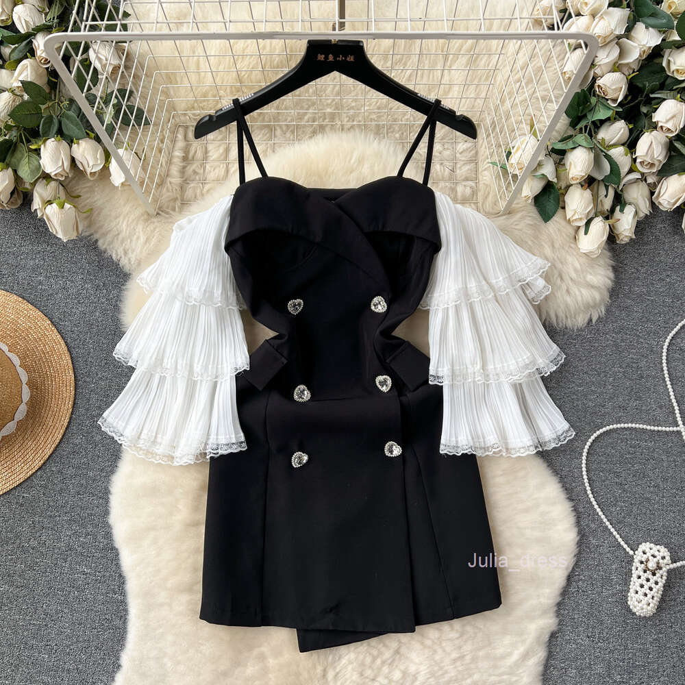 One shoulder strap small black dress for women with socialite style elegant temperament off the shoulder flared sleeves love button up dress dress