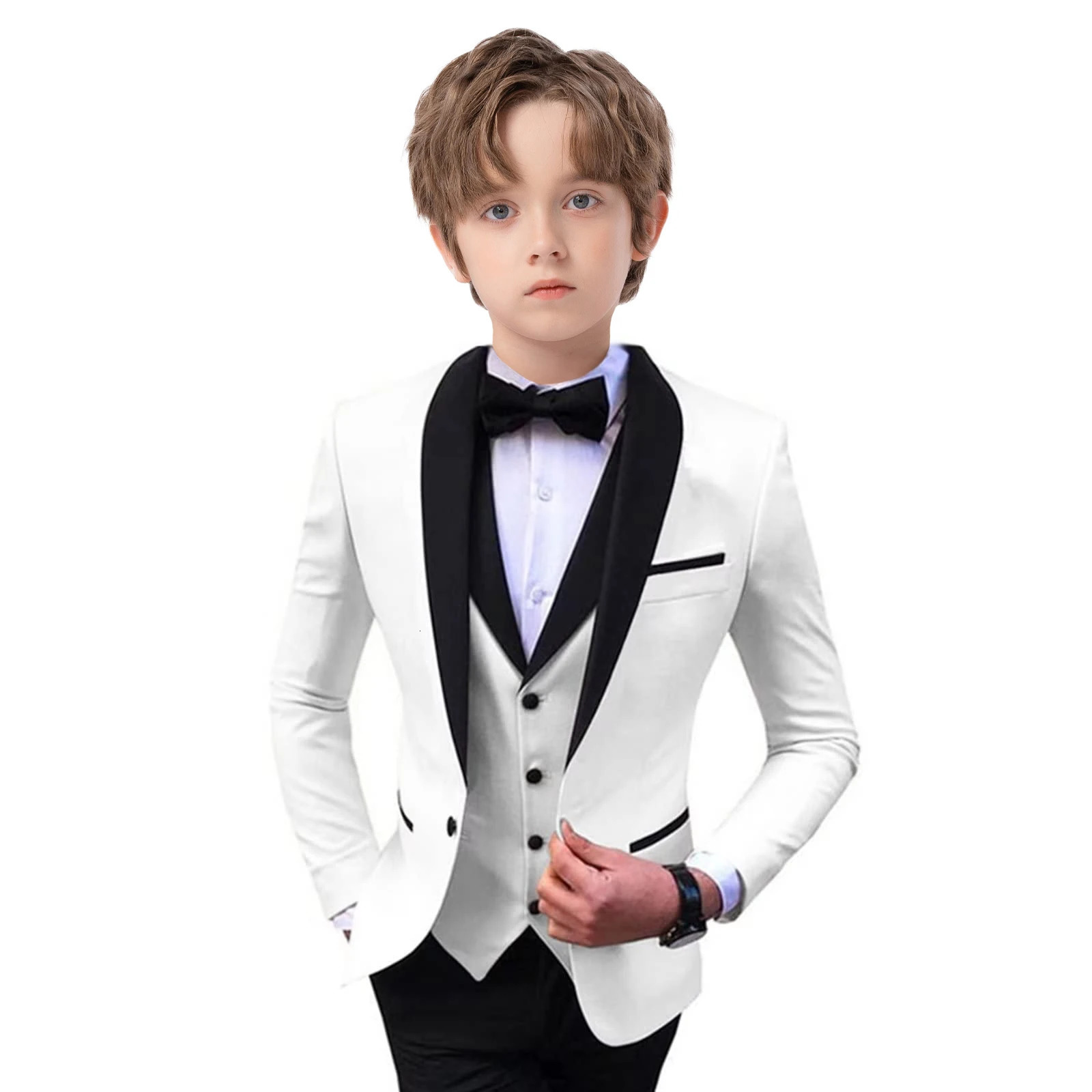Stylish Slim Fit Boys Suit Set 3 Pieces Tuxedo For Formal Occasion Blazer Vest And Pants Kids Outfit For Wedding Prom Fast Ship 240531