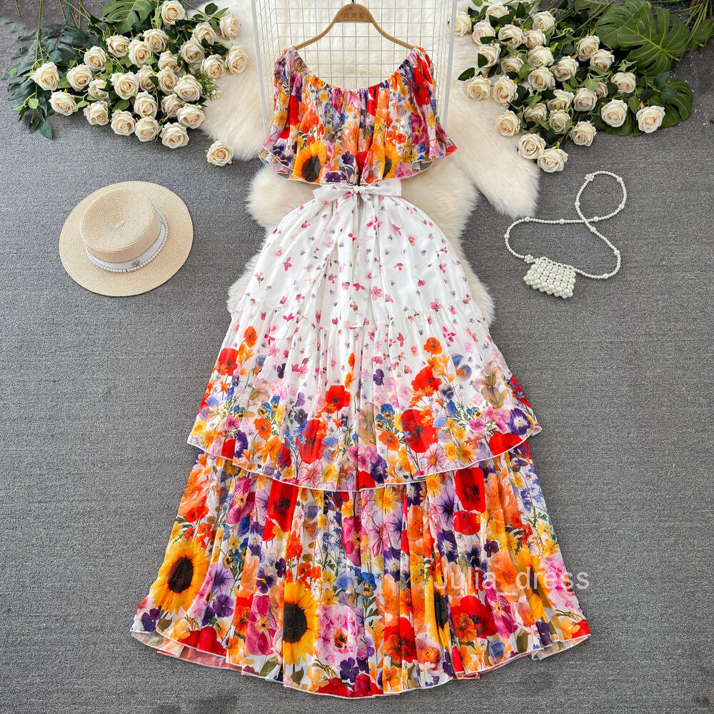 Fashionable and socialite temperament one shoulder off the shoulder waistband slimming appearance A-line cake print dress seaside vacation long dress