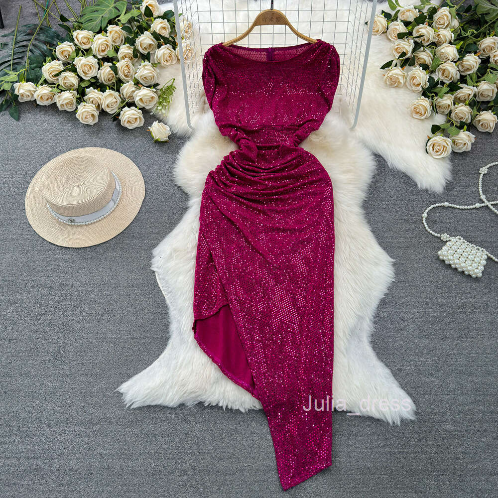 Feminine and socialite temperament sleeveless round neck waist length irregular sparkling sequin wrapped buttocks dress