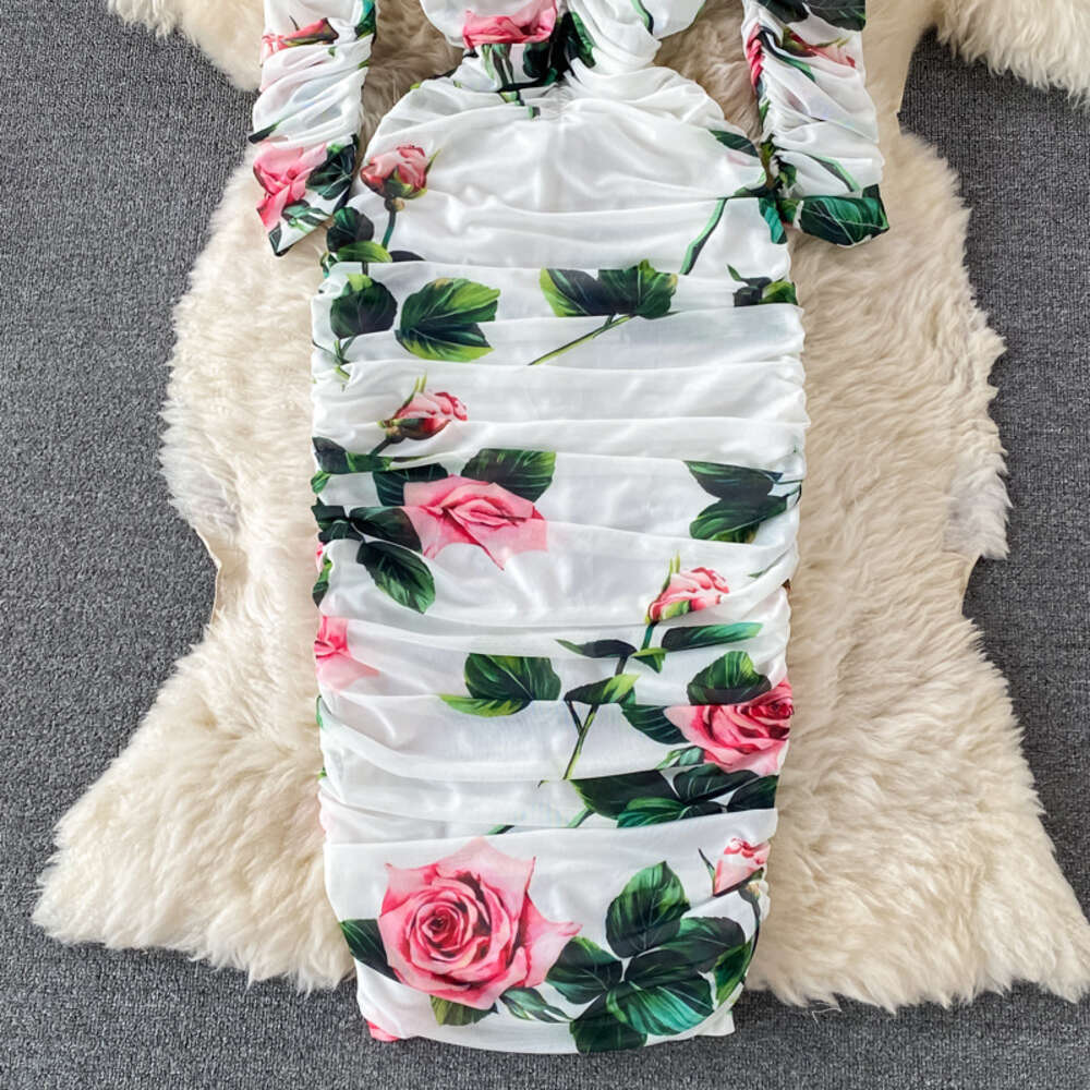 2023 Summer Show Fashion Square Neck Print Slim Fit Wrap Hip Slim Mesh Mid Length Dress