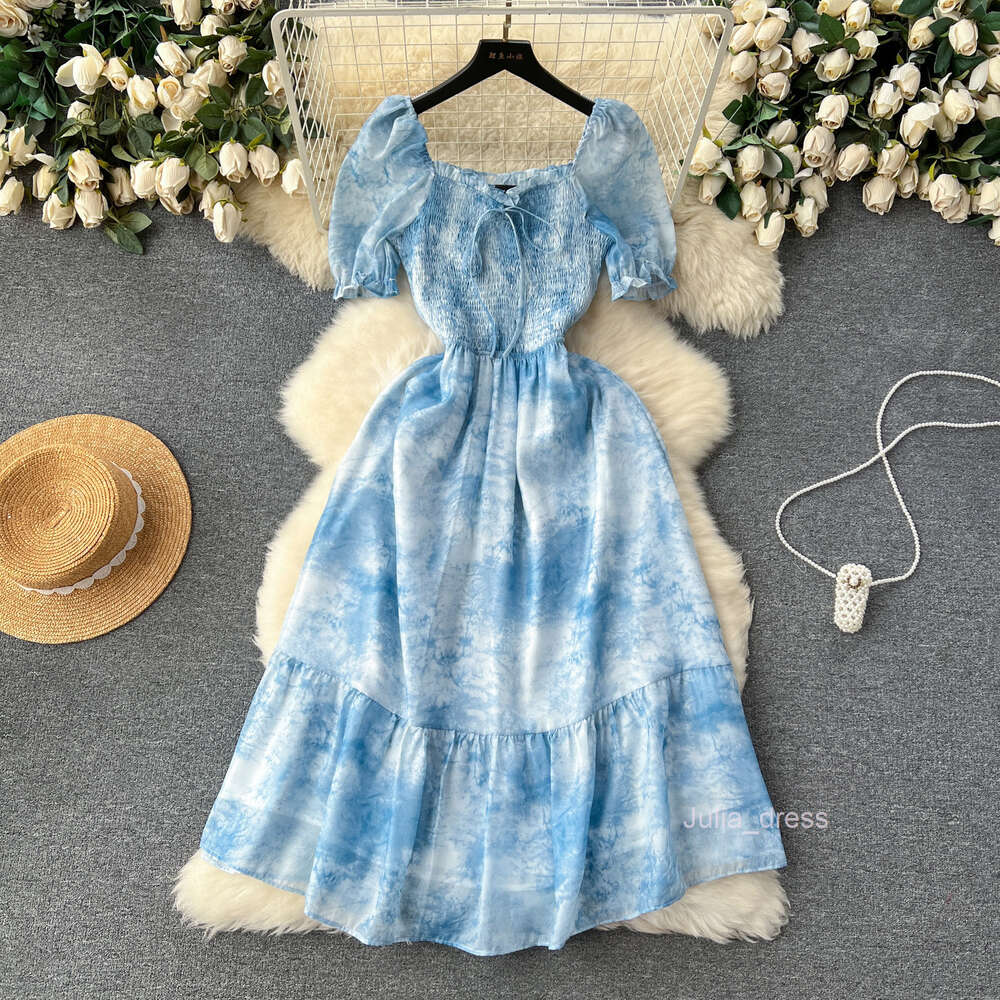 French Bubble Sleeves Dress Womens Design Feel Irregular Halo Dye Elastic Slim Fit Mid length Ruffle Edge Fake Skirt