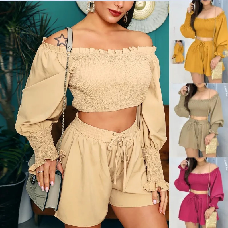 Sexy Off Shoulder Slash Neck T-shirt Shorts 2 Piece Sets Solid Long Sleeve Tops Lace Up Shorts Two Piece Set Women Outfit 240530