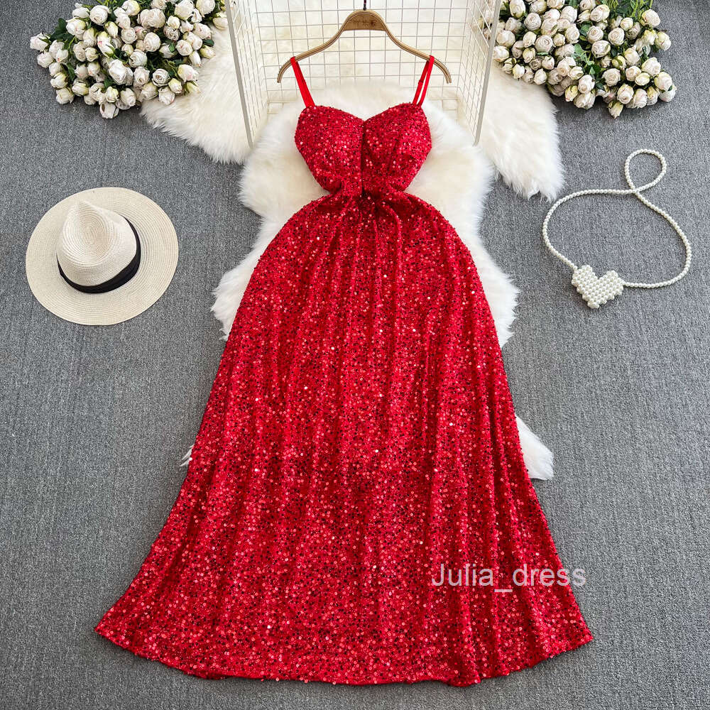 Evening gown sequin suspender long dress for senior sisters annual meeting sexy and high-end feeling strapless waist slimming A-line dress