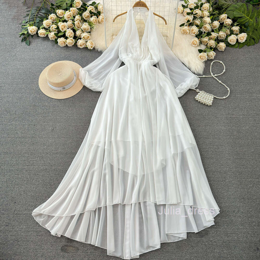 Seaside Travel Photography Super Immortal Vacation Long Dress with Hanging Neck Open Back Waist Wrapped A-line Tail Flowing and Flowing Chiffon Dress