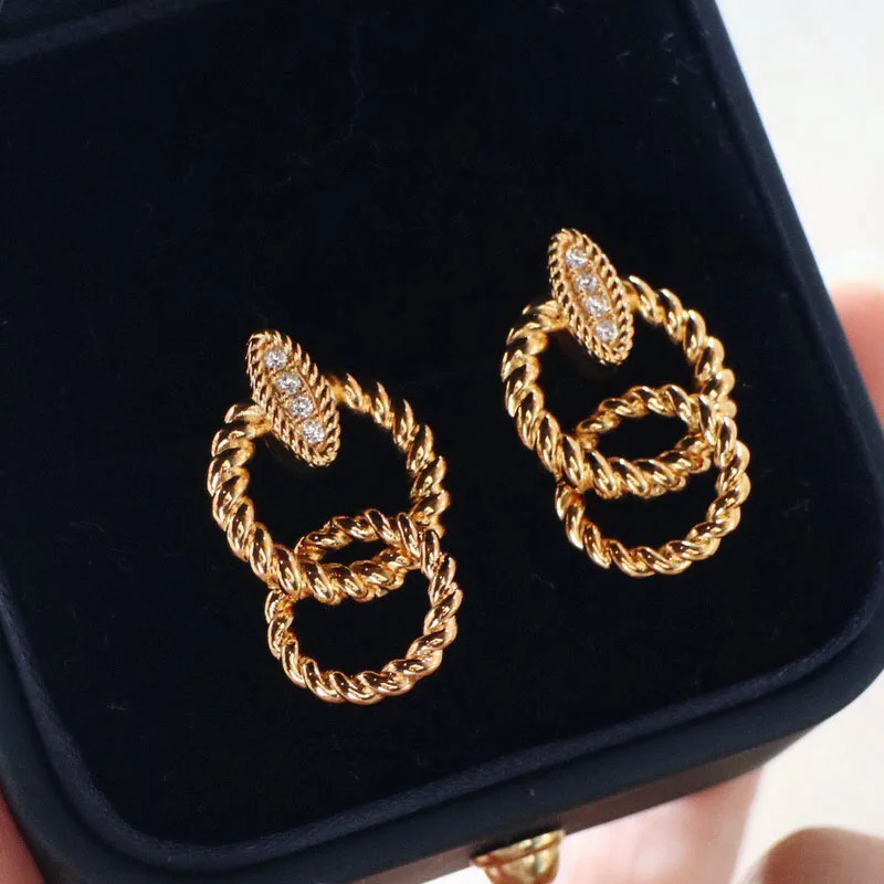 CxsJeremy Solid 18K Yellow Gold Classic Hollow Double Ring Natural Diamond Stud Earrings Au750 Twisted Hoops Earrings 240528