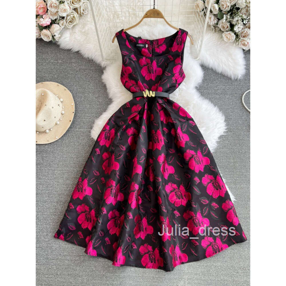 Fashionable and Luxury Celebrity Style Sleeveless Square Neck Wrapped Waist for Slimming Mid length A-line 3D Flower Dress