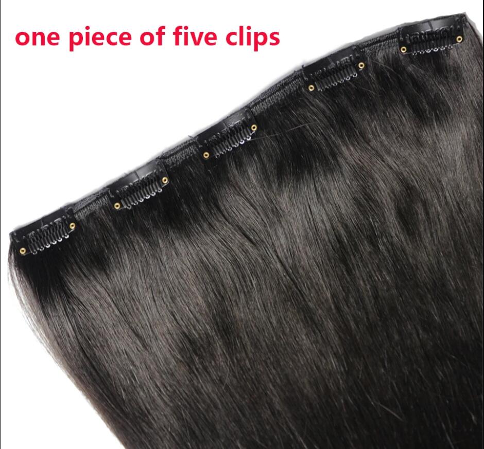 Straight One Piece Clip in Hair Extensions Brazilian Human Hair One Piece 5 Clips Double Weft Natural Black Color 100 grams