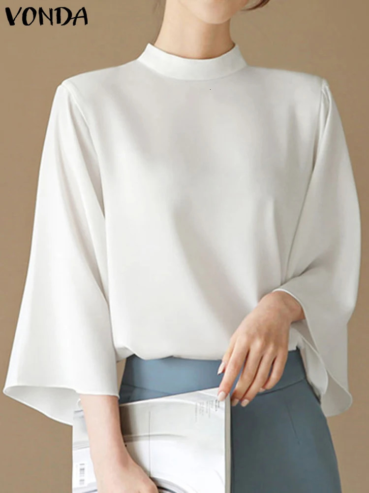 VONDA Summer Elegant Women Blouse Fashion Tunic Tops Casual Stand Collar 34 Flare Sleeve Office Shirts Oversized Blusas 240531