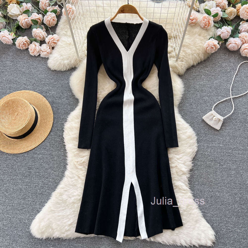 Autumn and Winter 2022 New Hepburn Style Slim Knitted Dress with Light Mature Style Medium Long Contrast Sweater Dress