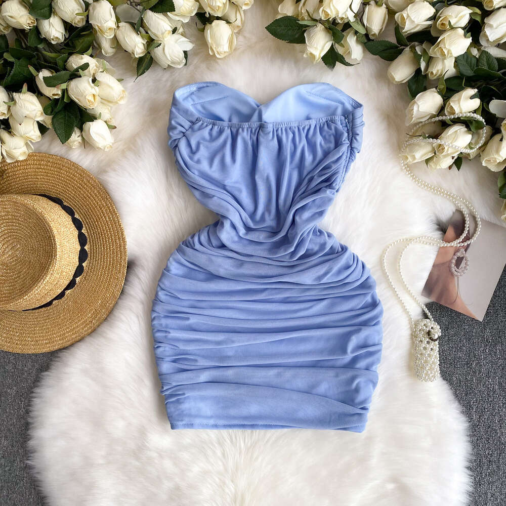 Sexy Sleeveless Strapless Dress For Women With Pure Desire Spicy Girls Scheming Pleated Slim Fit Buttocks Wrapped Small Figure Mesh Short Skirt