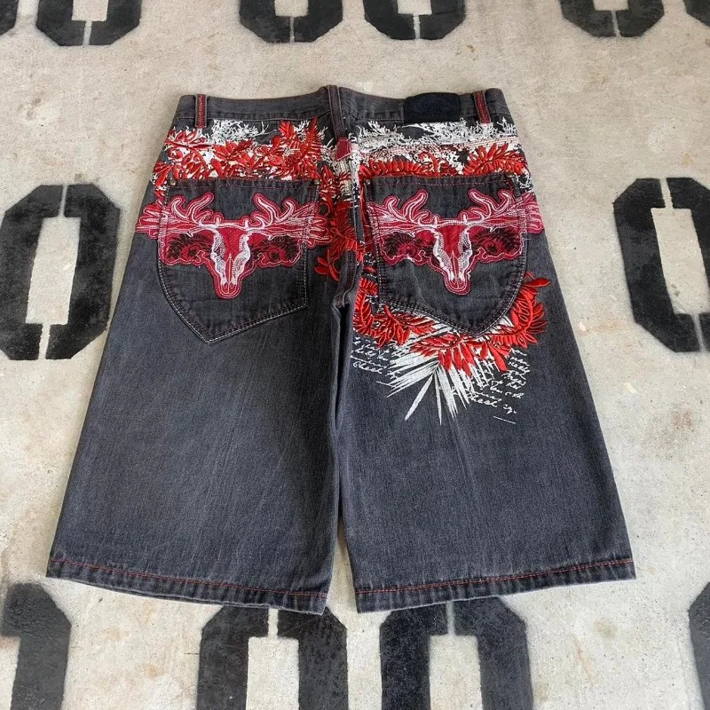 Gothic punk geometric pattern street y2k denim gym shorts for men 2000s American vintage versatile baggy streetwear pant 240531