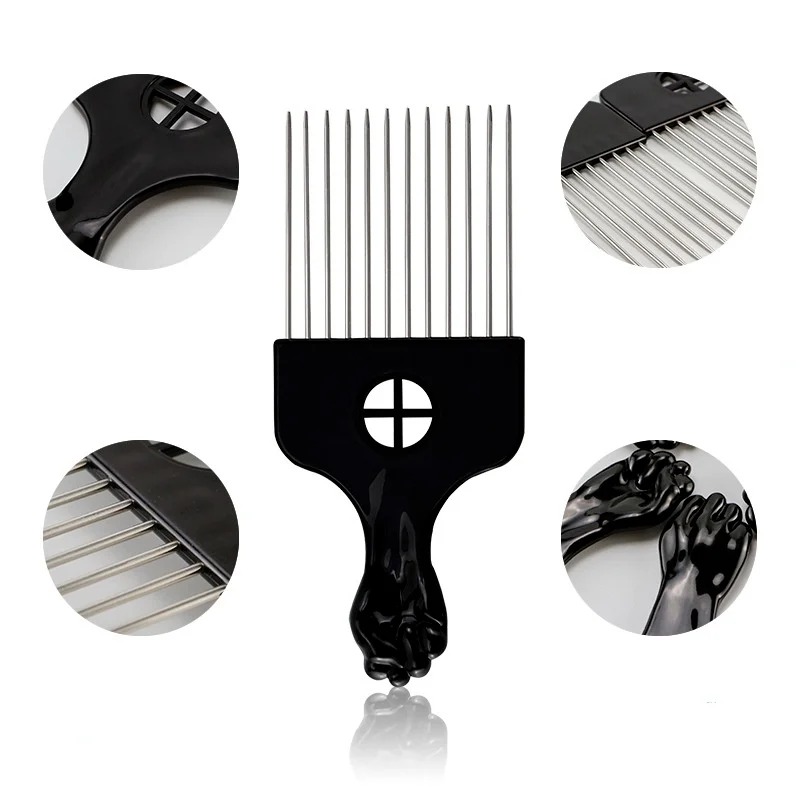 2024 Black Fist Afro Pick Metal Wide Teeth Hair Comb for Volumizing Hair Styling Anti-static Comb Brush Detangling Comb