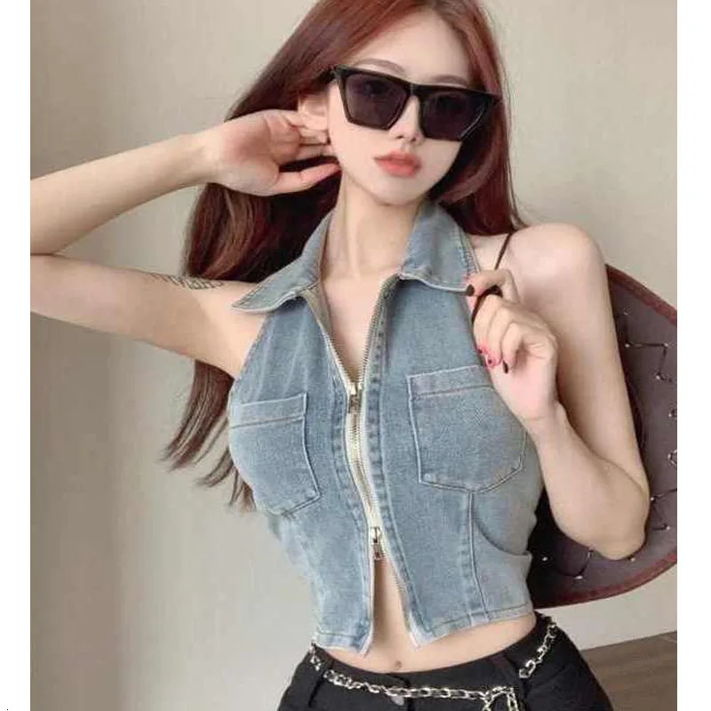 Womens Sexy Denim Short Tank Tops Crop Top Fashion Zipper Delicate Bustier Vest Ladies Skinny Jeans Halter Bralette 240531