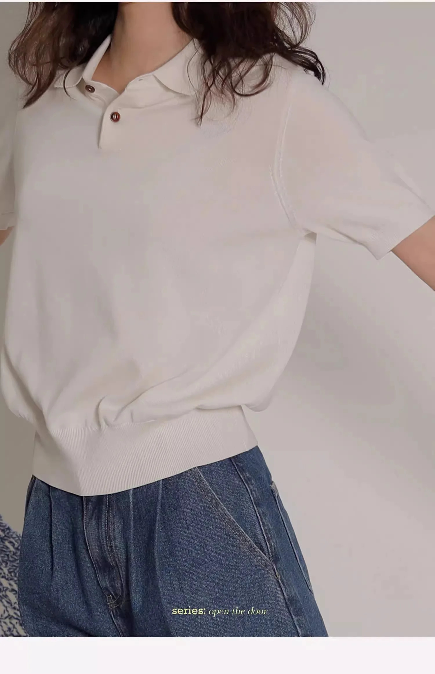 Blue ice silk knitted polo shirt shoulder short sleeve Tshirt womens summer thin French highgrade lapel top 240531